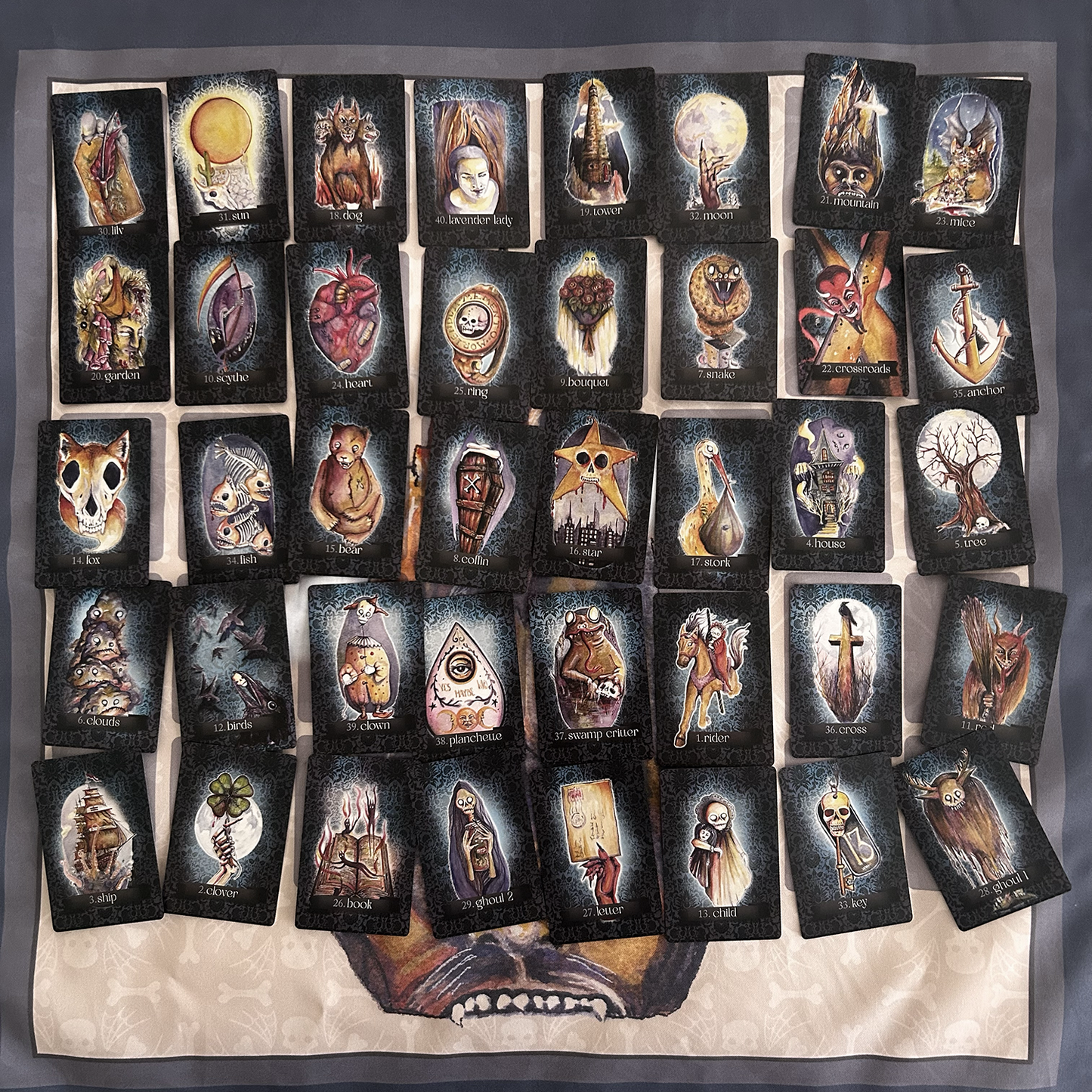 Collection of tarot cards with intricate designs on a textured surface