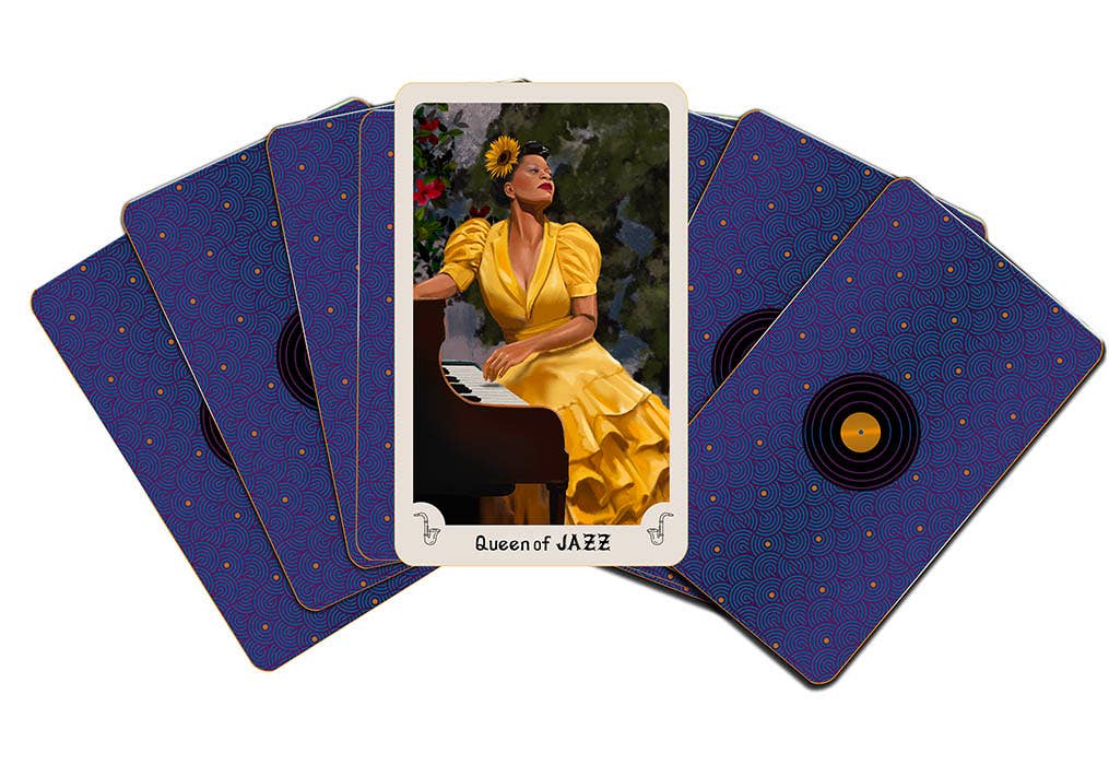 tarot cards with a 'Queen of Jazz' card featuring a woman in a yellow dress on a blue card background.