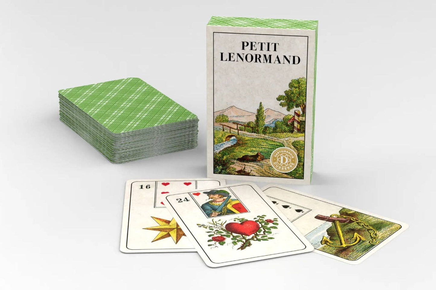 Petit Lenormand card deck with cards spread out on a white background