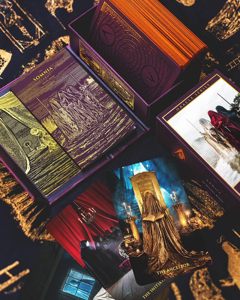 Decorative boxes with intricate designs and text, likely from a themed collection.