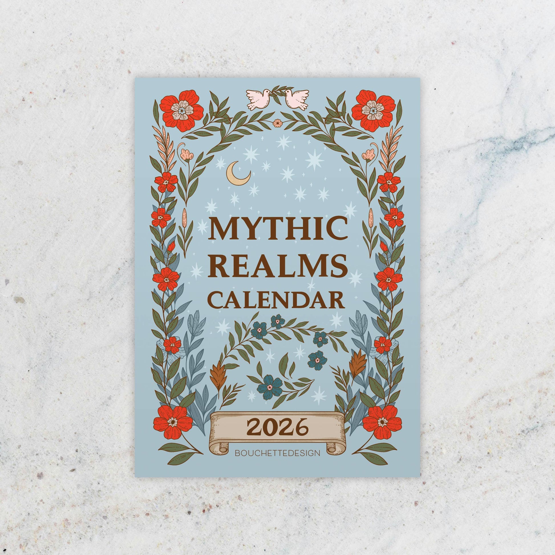 Calendar cover with floral design and 'Mythic Realms Calendar 2026' text on a light blue background