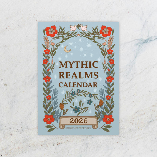 Calendar cover with floral design and 'Mythic Realms Calendar 2026' text on a light blue background