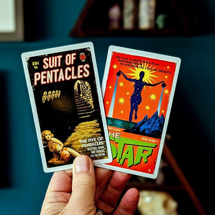 The five of pentacles tarot card from The pulp tarot by Todd Alcott. Also featuring The star tarot card