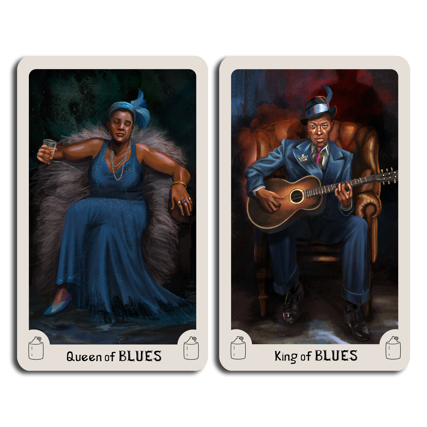 Two tarot card illustrations of a Queen of Blues and a King of Blues on a white background.