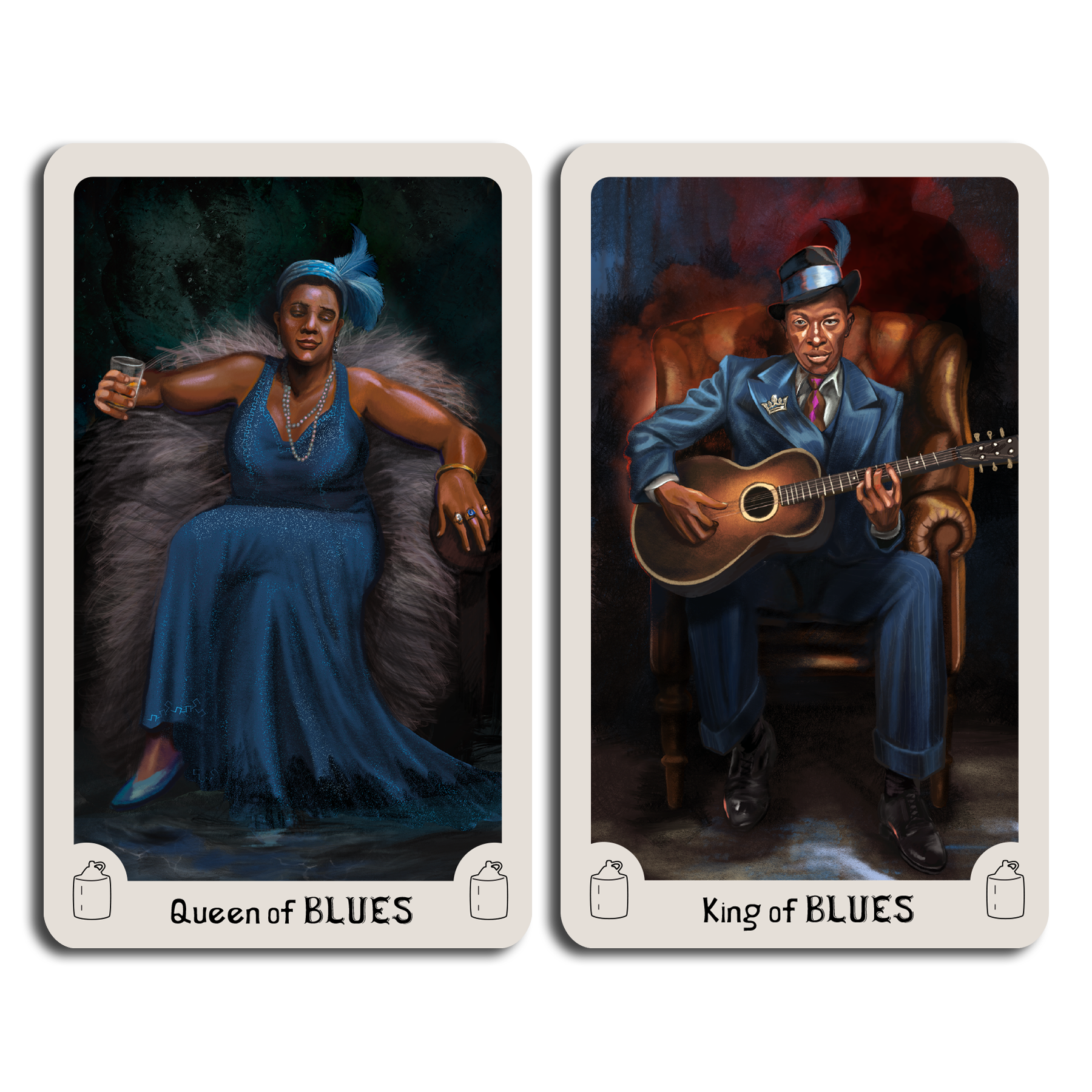 Two tarot card illustrations of a Queen of Blues and a King of Blues on a white background.