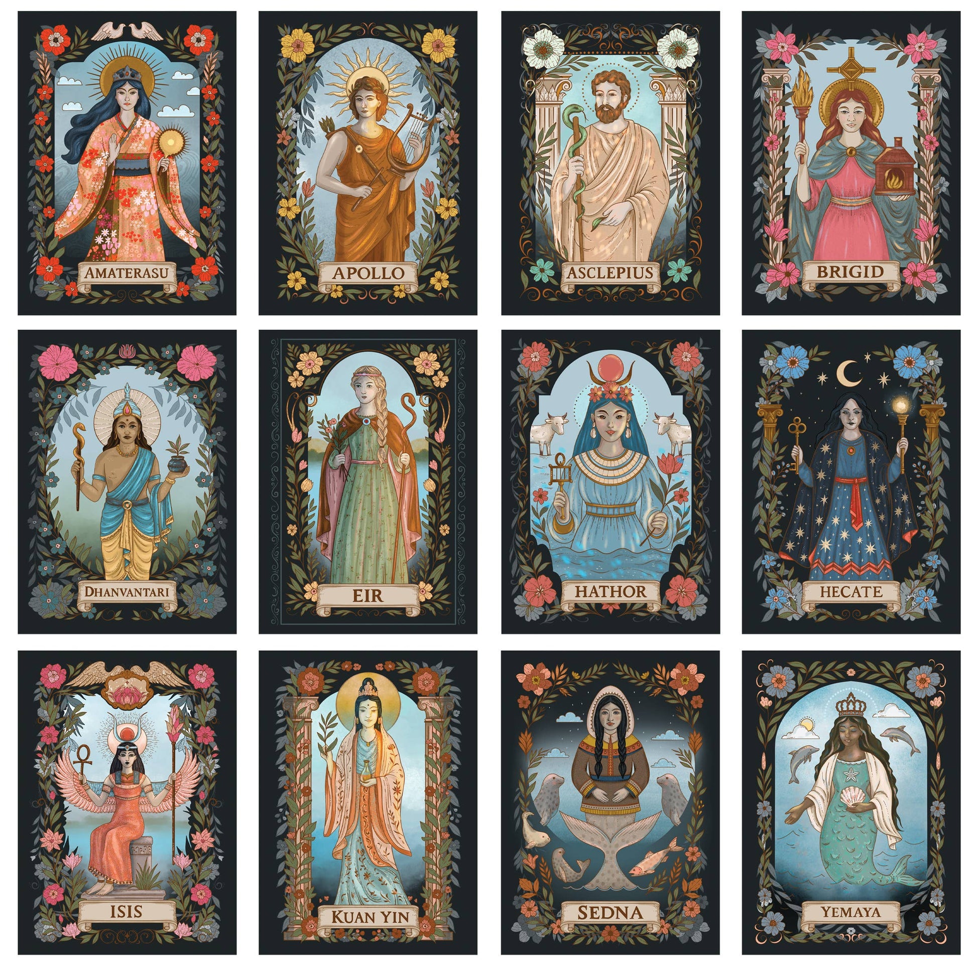 Set of tarot cards featuring various deities with decorative borders and floral elements.