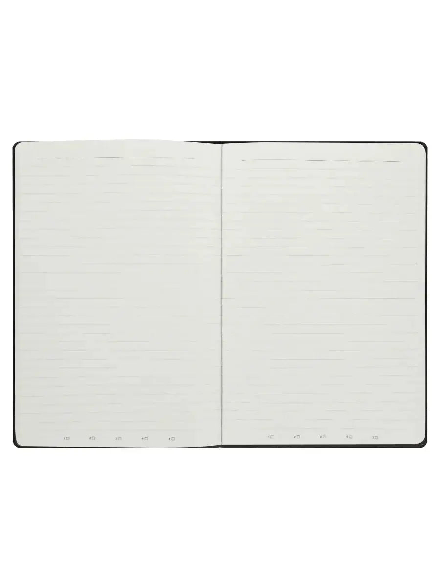 Open notebook with lined pages on a white background