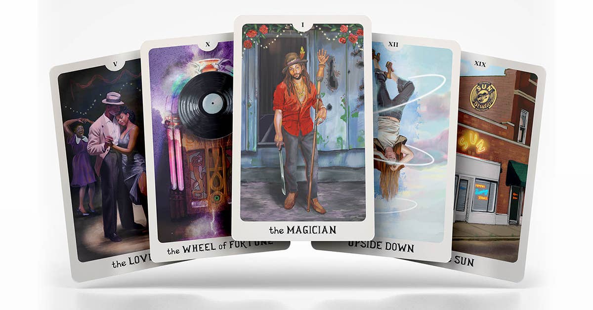 Set of tarot cards with various illustrations on a white background