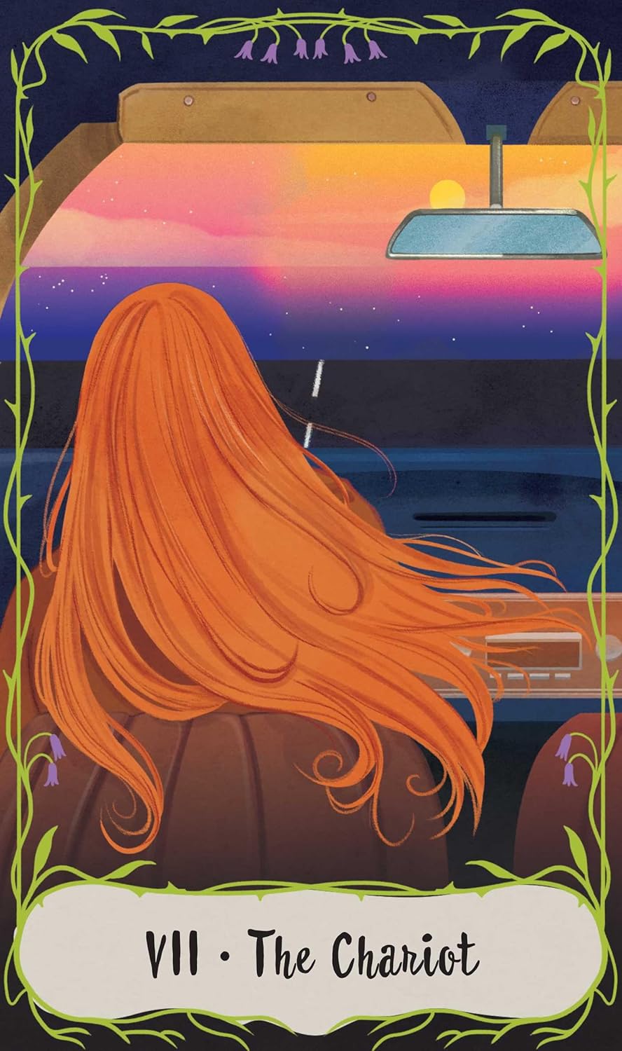 Illustration of a person with long red hair sitting in a car at sunset, tarot card 'The Chariot' style. Practical Magic: The Motion Picture Official Tarot Deck & Guidebook featuring beautifully illustrated tarot cards inspired by the Owens sisters and their magical world.