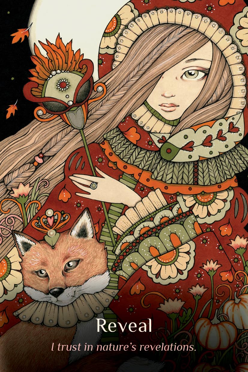 Illustrated cover art featuring a woman in a detailed floral dress holding a flower, with a fox at her side and the text 'Reveal' and 'I trust in nature's revelations.' at the bottom. Milk Thistle Moon Message Cards by Anita Inverarity featuring 70 beautifully illustrated moon-inspired guidance cards with a companion booklet.