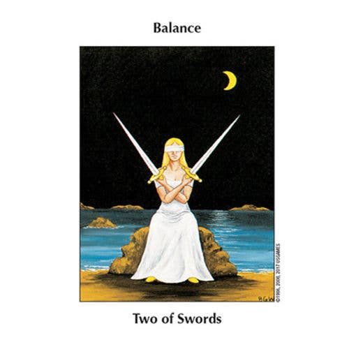 Tarot card titled 'Two of Swords' with a person holding two swords on a beach at night.
