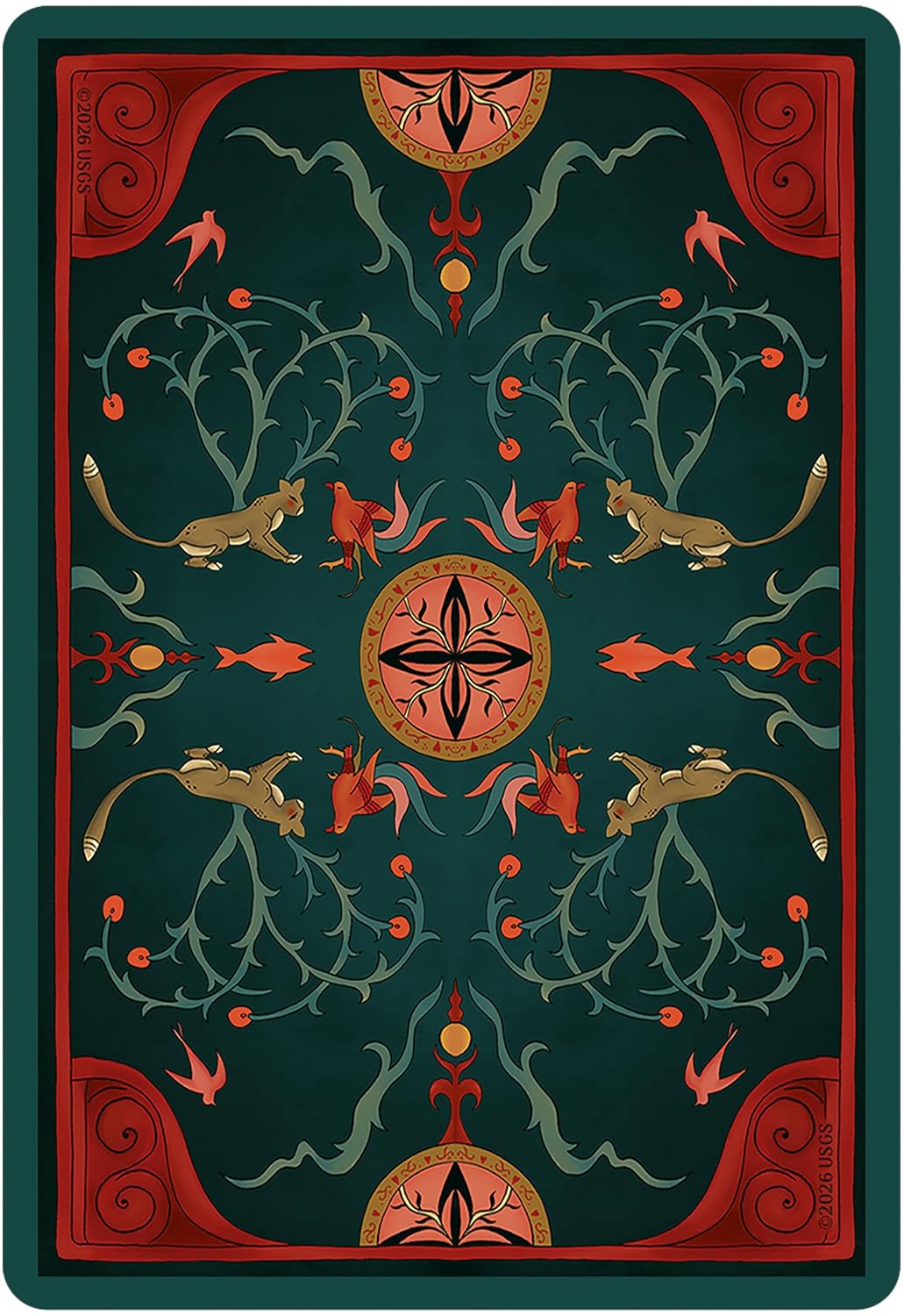 A square decorative art print or card featuring a symmetrical botanical and animal pattern on a dark teal background, with red border elements, green vine motifs, orange-red berries, and tan leaping cats around a central medallion. Seljuq Tarot by Parastoo Pakzad, 78-card Rider-Waite-Smith-inspired tarot featuring colourful Persian miniature artwork and traditional decorative patterns.
