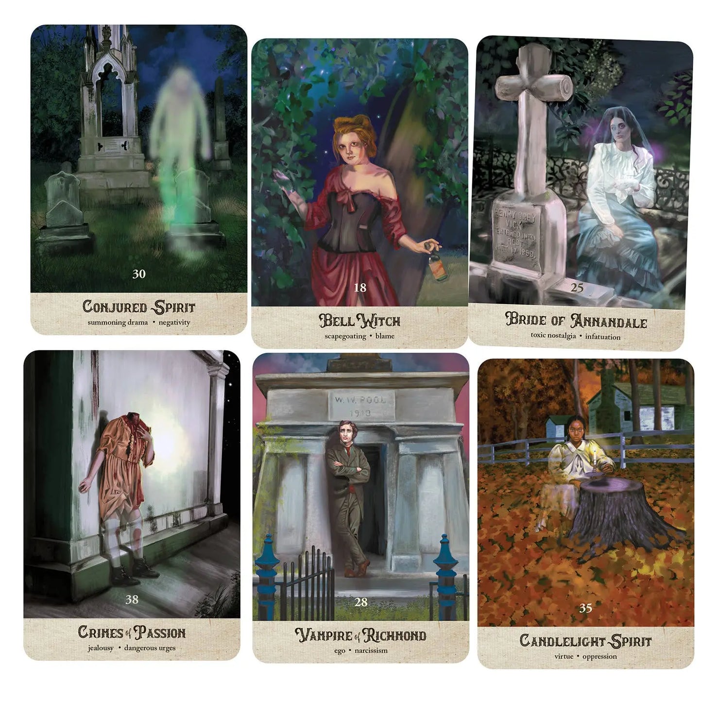 Set of tarot cards with gothic and supernatural themes, featuring ghosts and mystical figures.