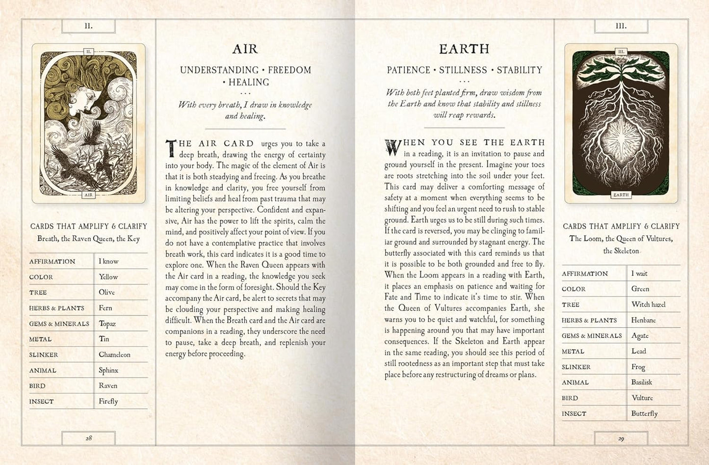 An open book or booklet showing two illustrated card spreads with text titled 'AIR' and 'EARTH', likely from a tarot or oracle card guide.