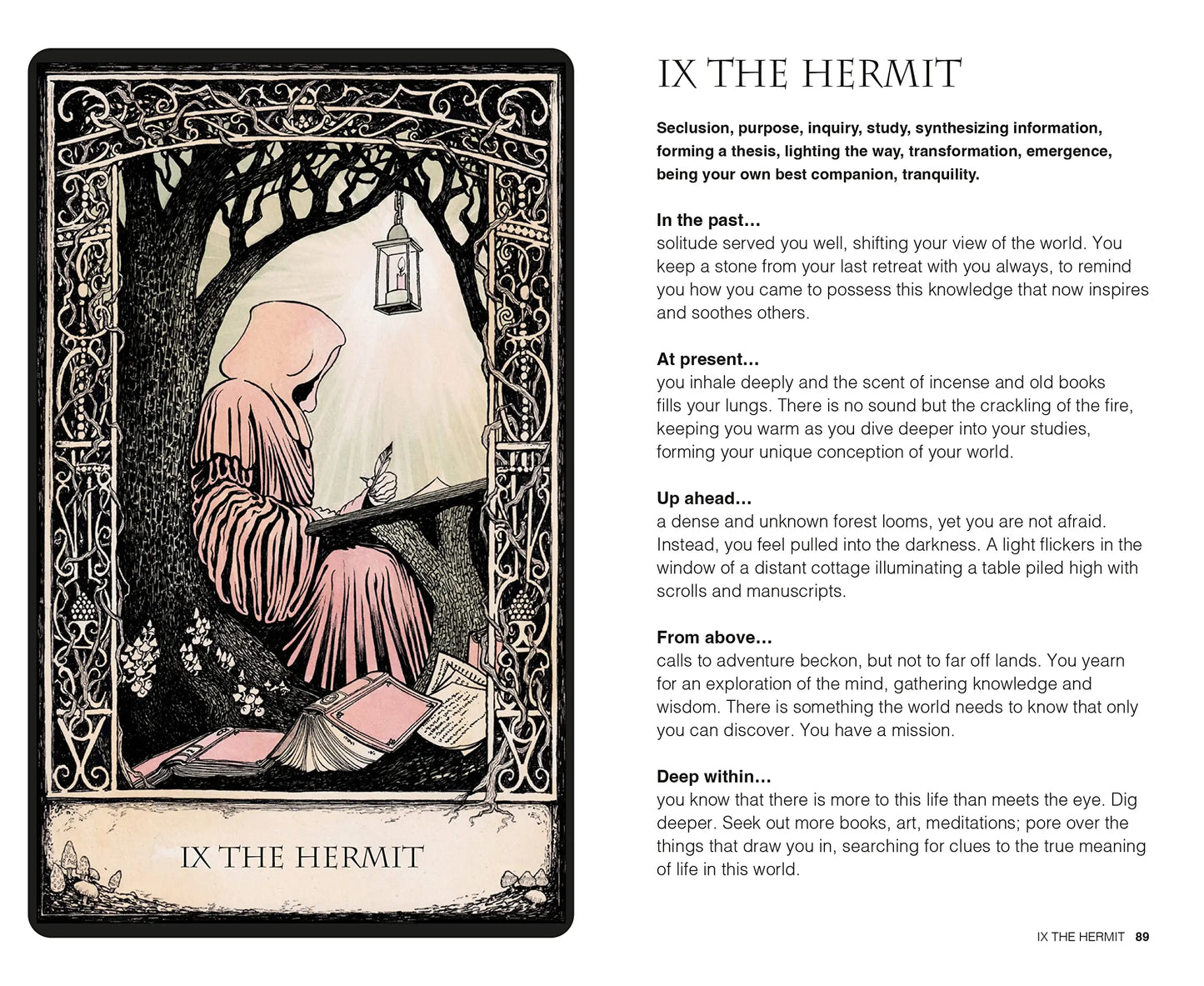 Tarot card depicting The hermit sat at a able looking towards the lamp with workbooks strewn around him. Shows how to use the card in a reading with card meanings