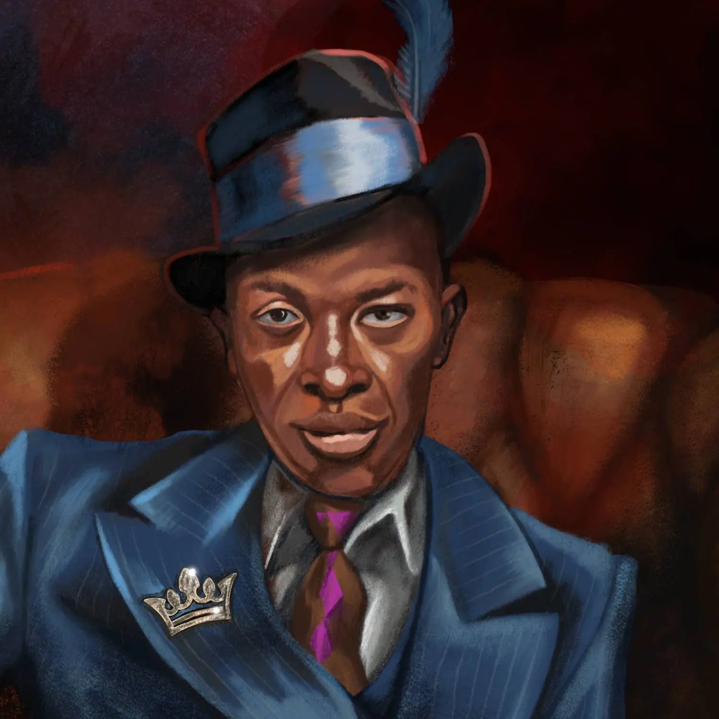 Artistic portrait of a person wearing a blue suit, pink tie, and hat with a feather.