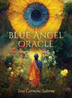 Cover of the Blue Angel Oracle deck showing an illustration of a person with a halo standing in a garden, looking towards a vibrant, eye-shaped celestial body.