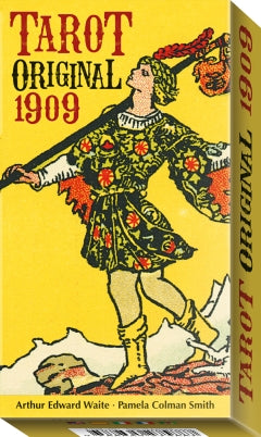 The product image shows the cover of the 'TAROT Original 1909' deck with an illustrated man in historical clothing, holding a sword and a book, with the title text and the names of the authors at the bottom.
