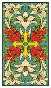 The backs of the cards for the after tarot, depicting Roses and Lilies surrounding a gold cross