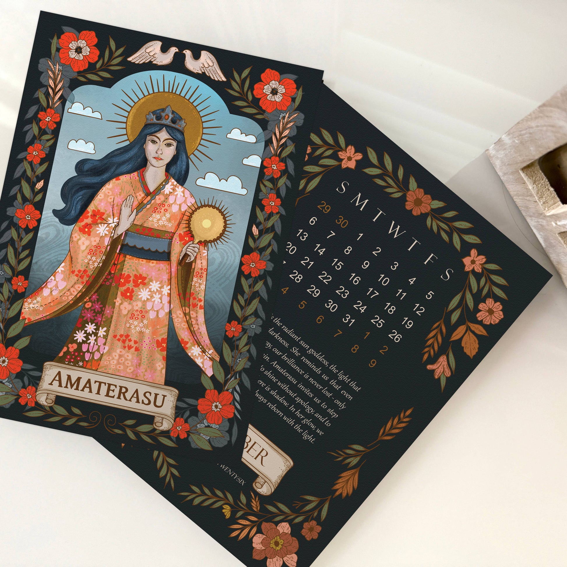 Calendar with Amaterasu illustration on a black background