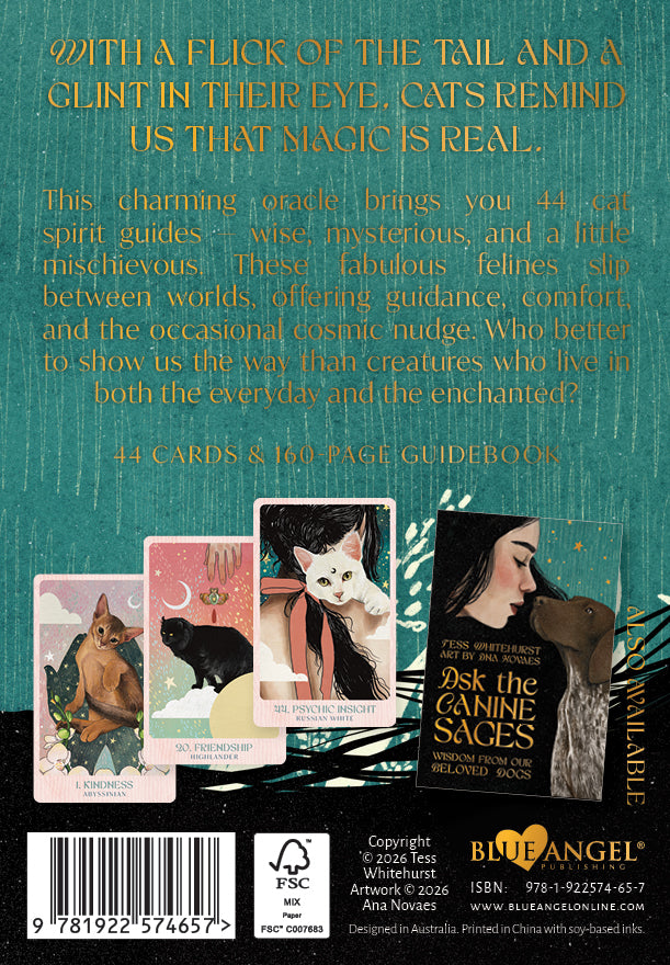 Ask the Feline Sages Oracle featuring illustrated cat spirit guides by Ana Novaes with guidebook by Tess Whitehurst.