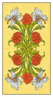 vibrant yellow background with a floral display of red roses and white lilies