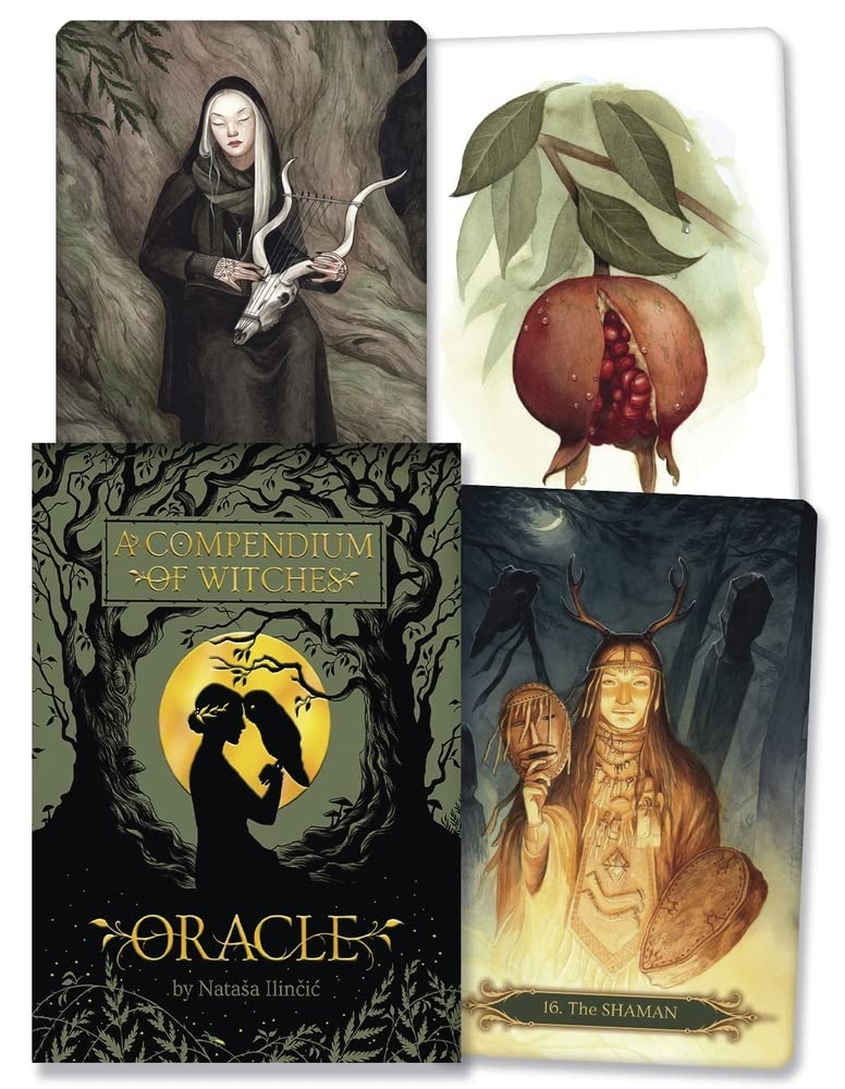 Compendium of witches box design showning examples of three cards including the Shaman , a wise woman and a pomegranate