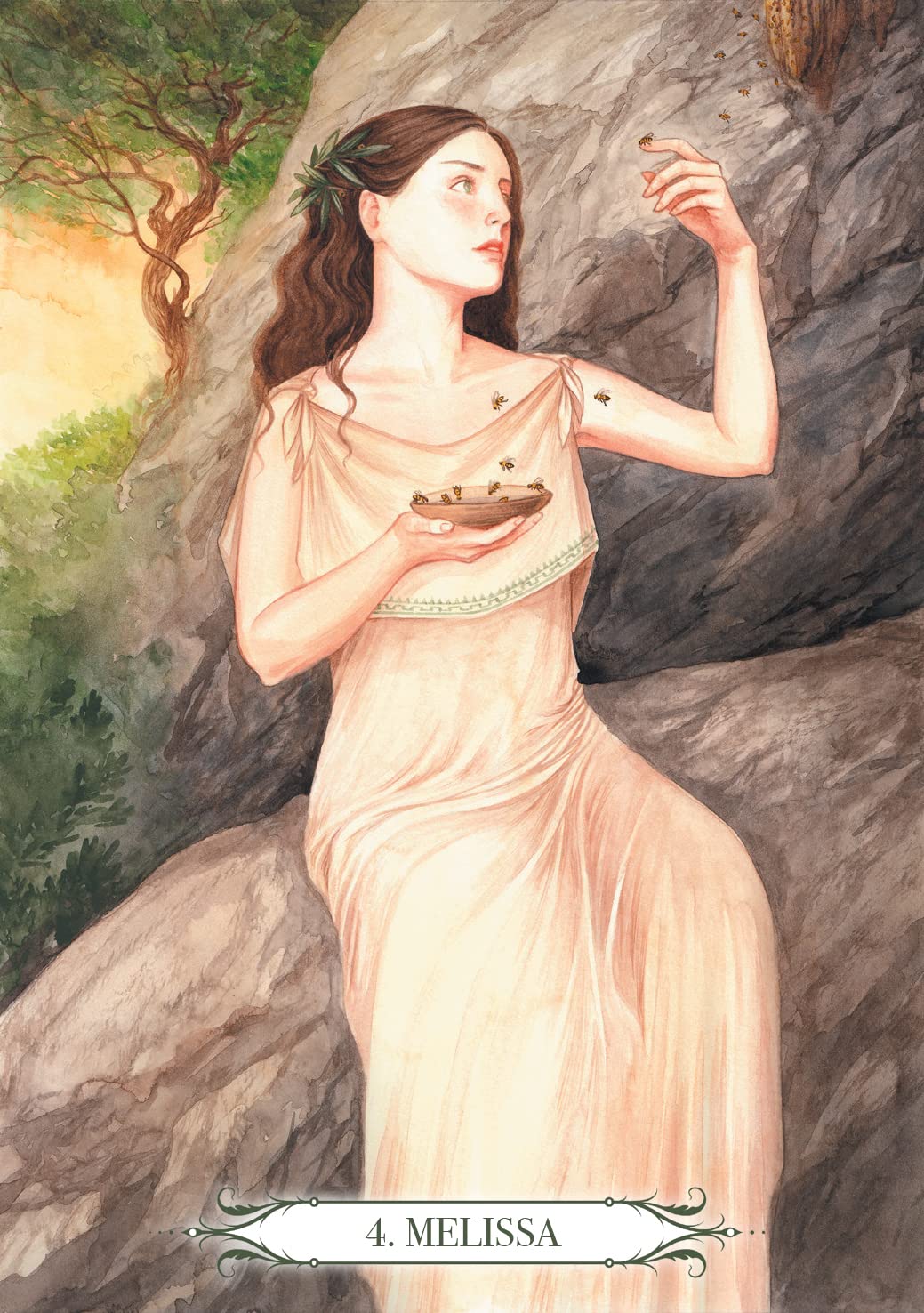 A beautiful woman sits on a rock wearing a peach toga while holding a bowl filled with bees. She is engaging with the one bee that sits on her finger