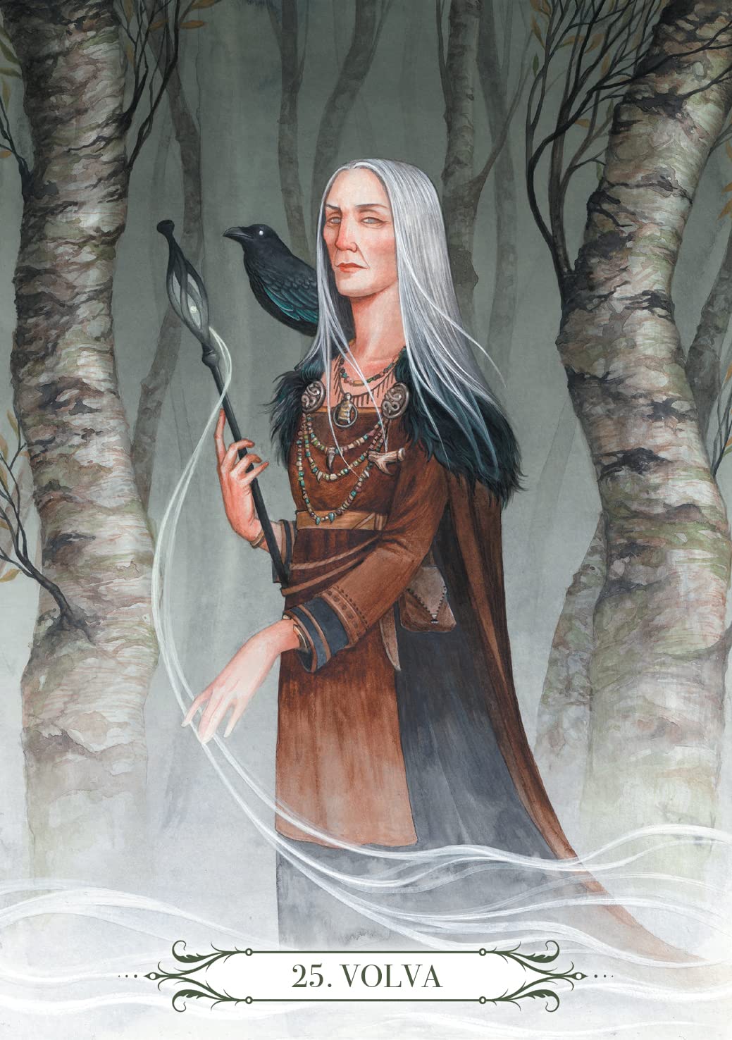 A grey haired woman walks through the dark woods, with a long staff and a raven upon her shoulder. She created an atmosphere of knowledge and defense