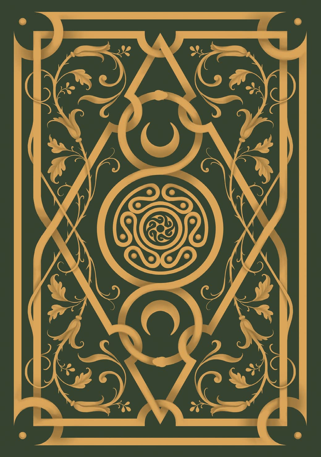 In forest green with gold detailed pattern of foliage and celtic symbology