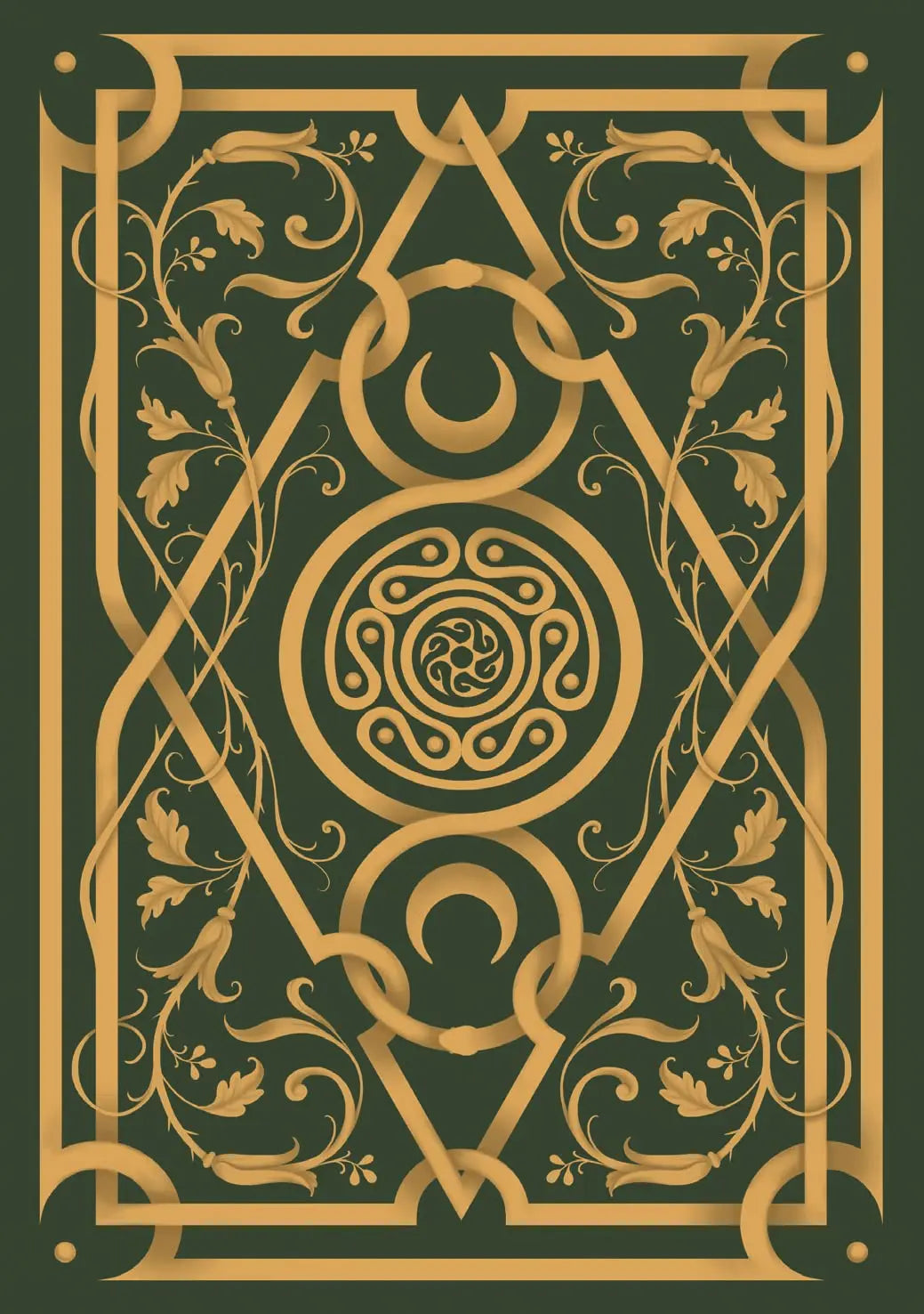 In forest green with gold detailed pattern of foliage and celtic symbology