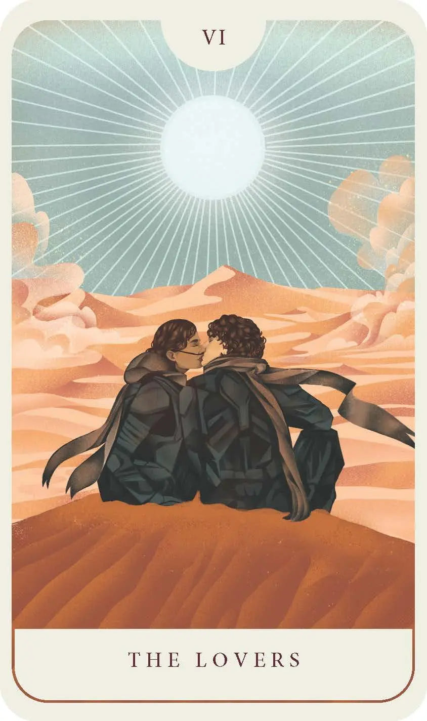 Tarot card titled 'The Lovers' with two people sitting on a hill under a bright sun.