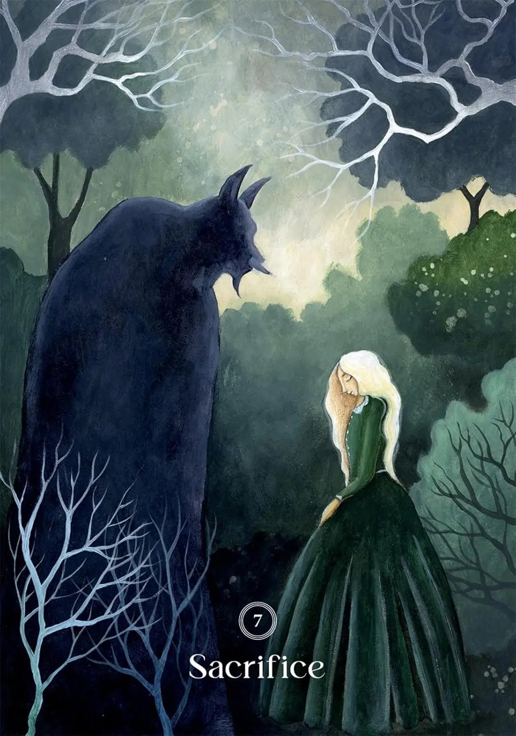 Artistic depiction of a dark creature and a woman in a forest with the word 'Sacrifice' at the bottom.