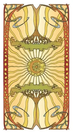 RWS tarot card back depicting the tree of life using classic art Nouveau style with gold overlays