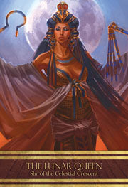 Depiciting a powerul Isis with staff , arms spread wide wearing a cloak and a bright lunar moon behind her