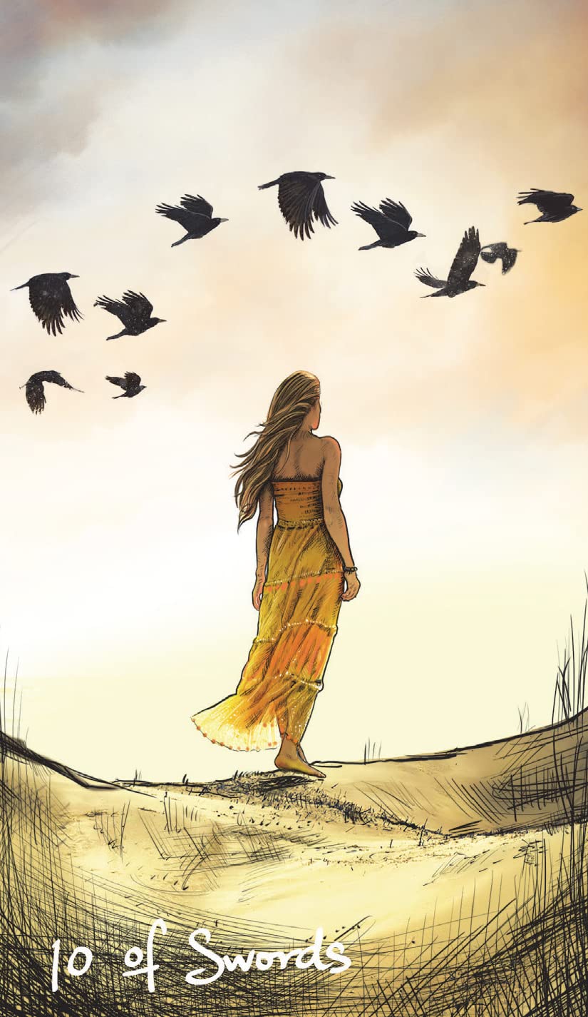 A female gazing into the istance wearing a yellow floaty dress . Above her are 10 ravens in the sunset sky . 10 of swords tarot card