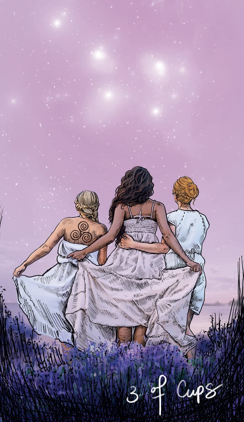 3 females dressed in white under the lavender sky. gazing at the stars. The blonde female has a celtic spiritual tattoo. The brunette holds he skirt out at the sides while the red haired female embraces the brunette. 3 of cups tarot card