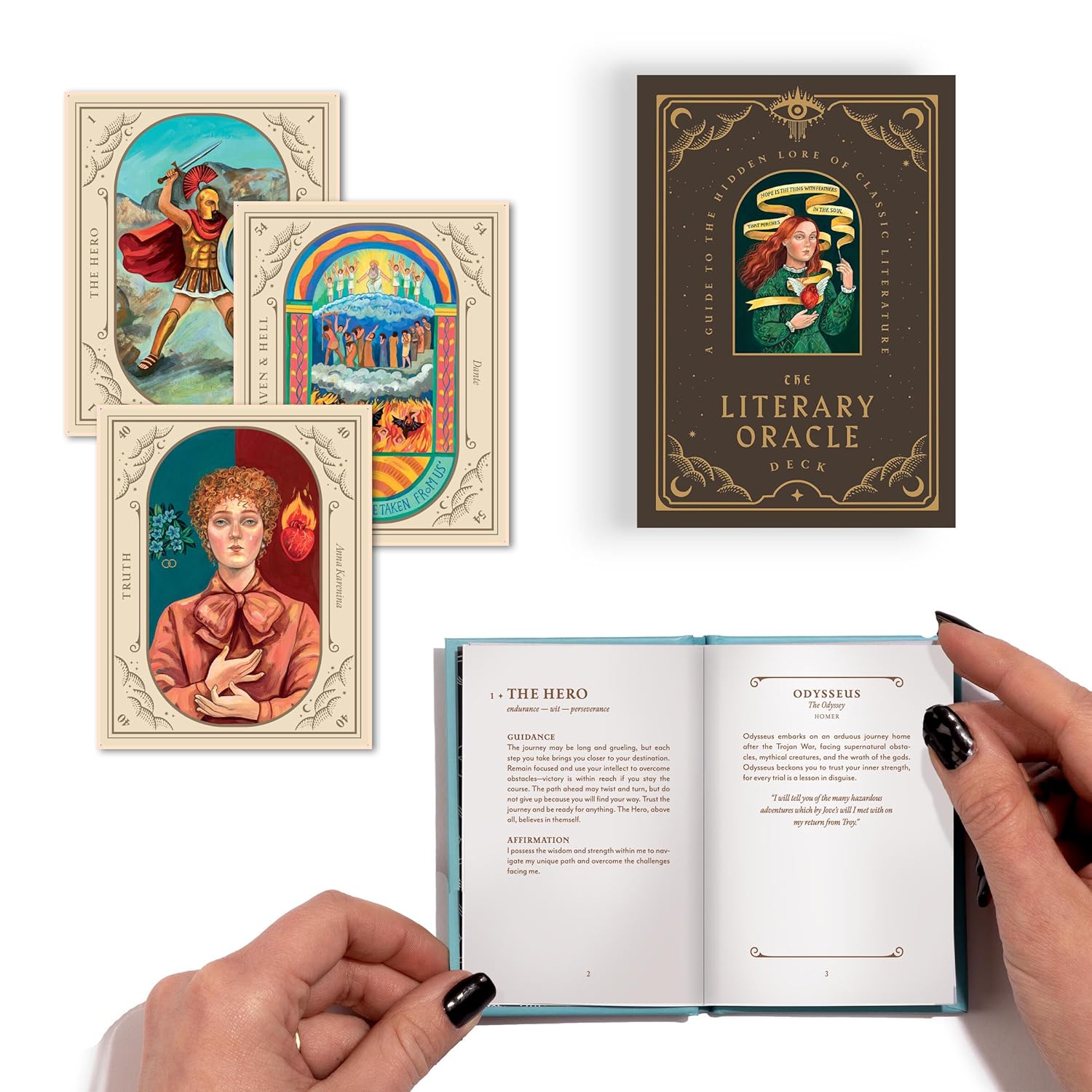 Literary Oracle Deck with cards and book on a white background