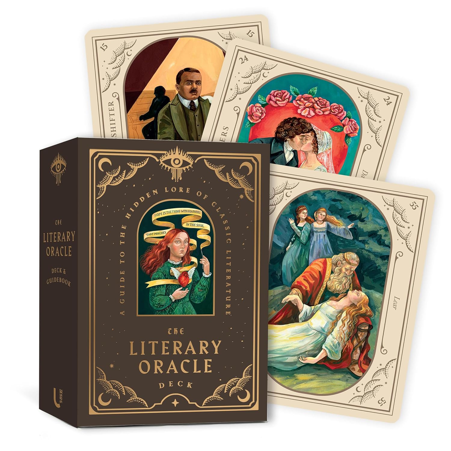 The Literary Oracle card deck with illustrations and a box on a white background