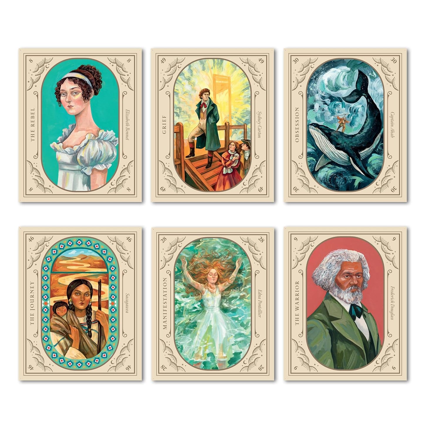 Set of six illustrated portraits in decorative frames on a white background