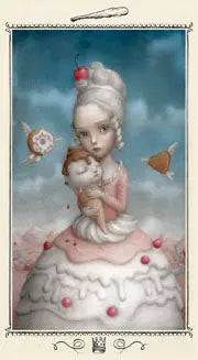 The queen of wands wearing a formal all gown made from cake and sweet treats. Holding a baby while surrounded by flying donuts , The nicoletta Ceccoli tarot published by Lo Scarabeo