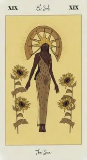 Bilingual titles of both Spanish and English. Shows a regal black woman surrounded by sunflowers and a crown shaped of the sun. Published by Fournier cards