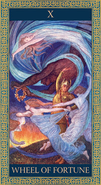 wheel of fortune tarot card from the tarot of tales and legends deck . Depicting women dancing wearing ethereal clothing
