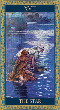 The star card from the tarot of tales and legends deck. featuring a woman and child on their knees in a moonlit river