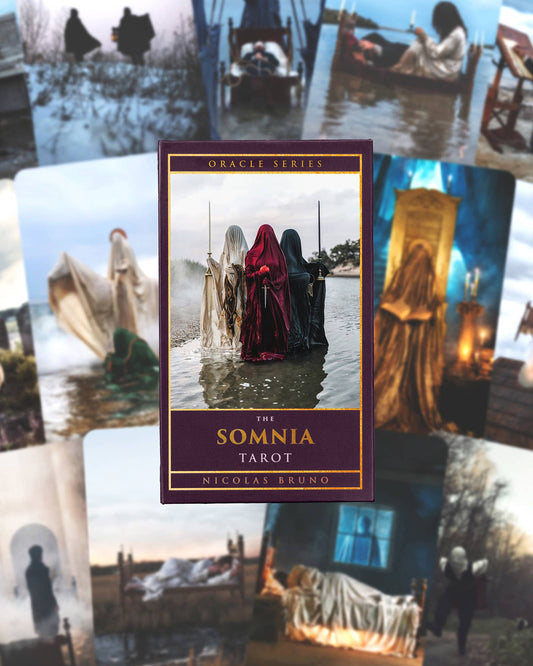 Cover of 'The Somnia Tarot' by Nicolas Bruno with tarot card images in the background.