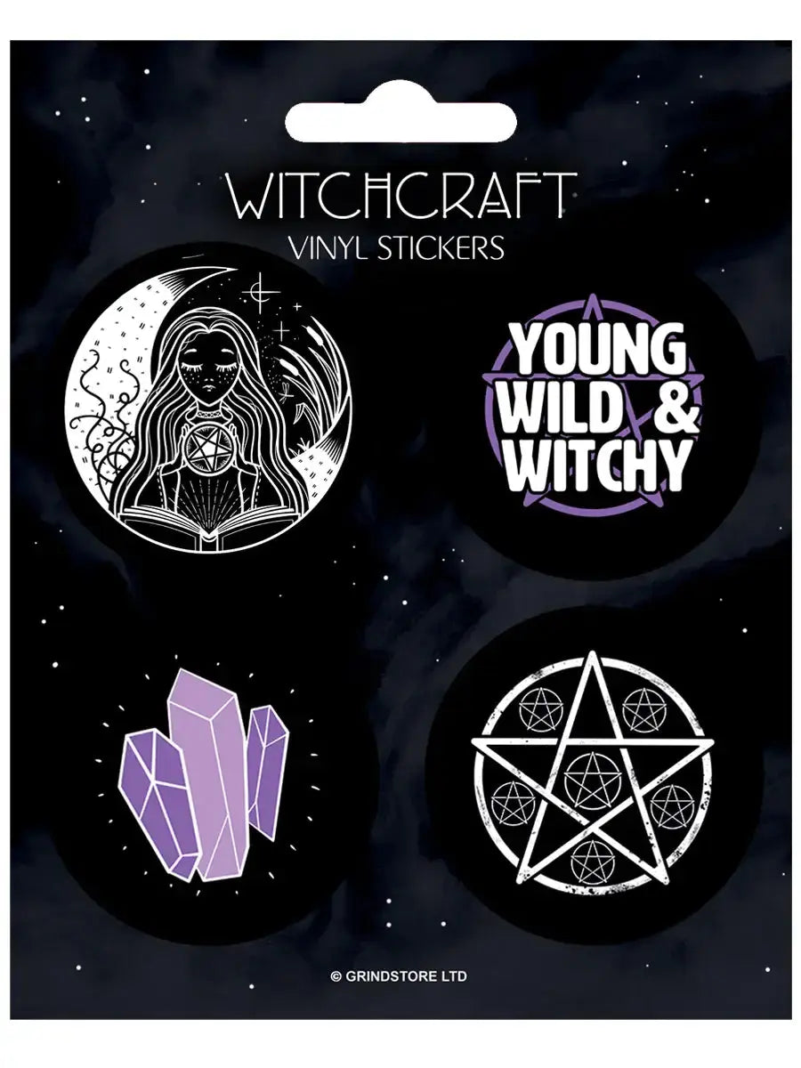 Witchcraft vinyl stickers with a packaging card featuring a moon, crystals, pentacle, and 'Young Wild & Witchy' text.