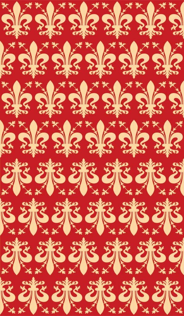 Pattern of fleur-de-lis symbols on a red background Dante Tarot Out of Print edition by Giordano Berti and Andrea Serio inspired by Dante Alighieri's Divine Comedy and published by Lo Scarabeo.