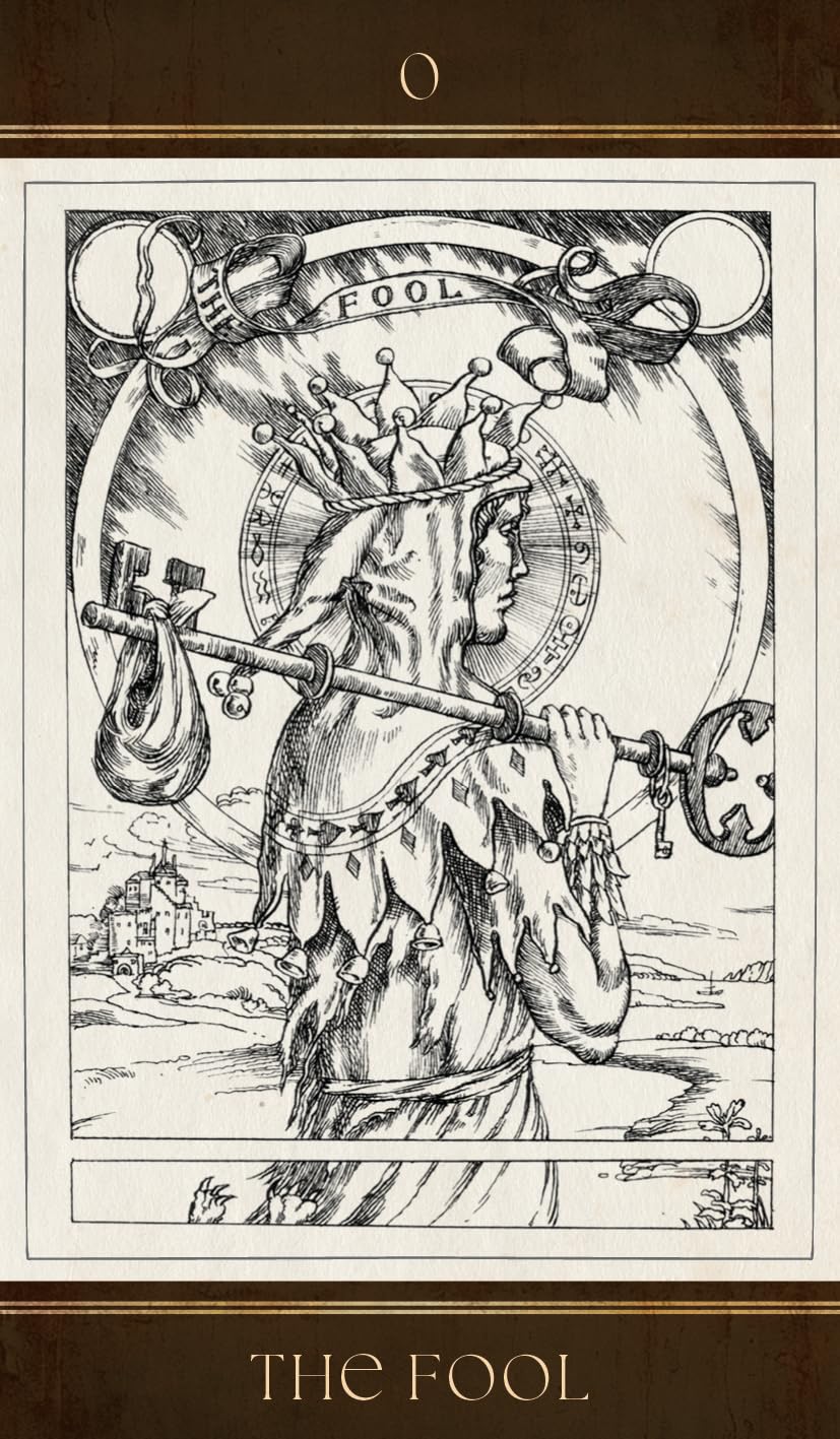 Black and white illustration of 'The Fool' tarot card with detailed design and text.