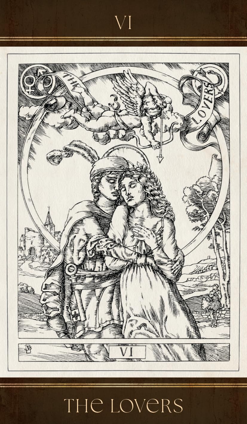 Tarot card 'The Lovers' with black and white illustration on a beige background