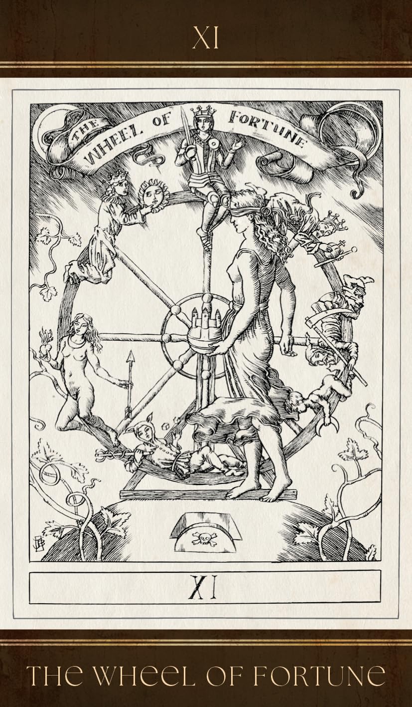 Tarot card featuring 'The Wheel of Fortune' with intricate design and text.